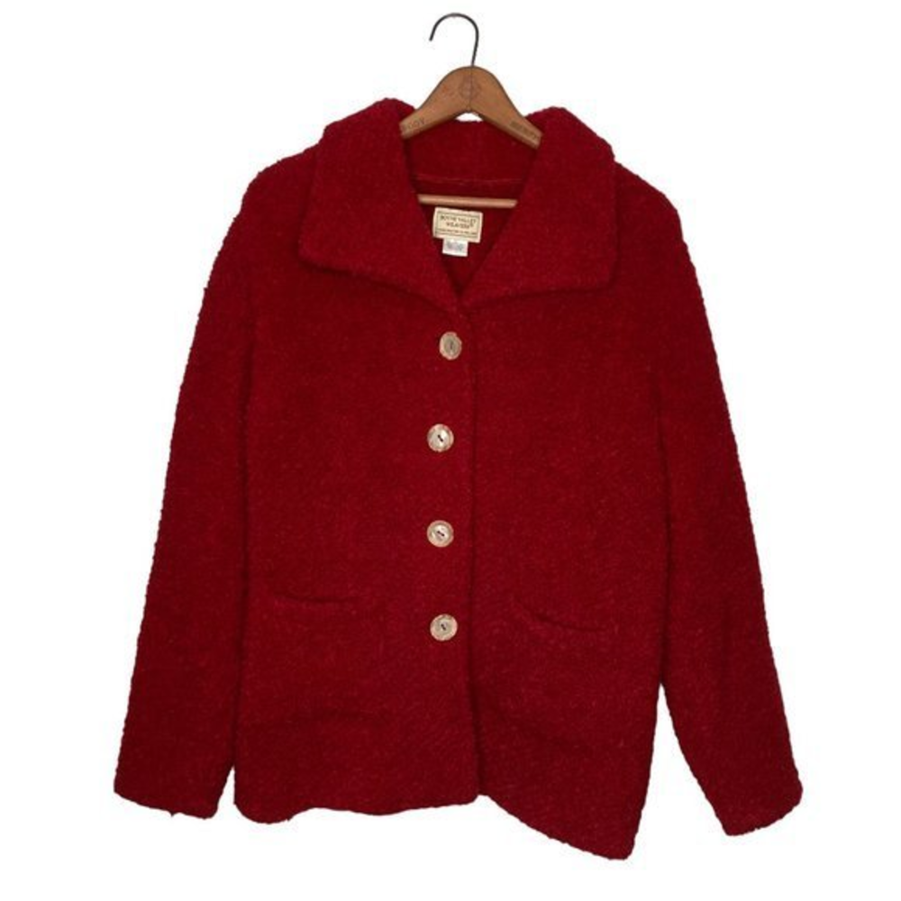 Boyne Valley Weavers Small S Red Wool‎ Alpaca Chunky Boucle Knit Coatigan Jacket